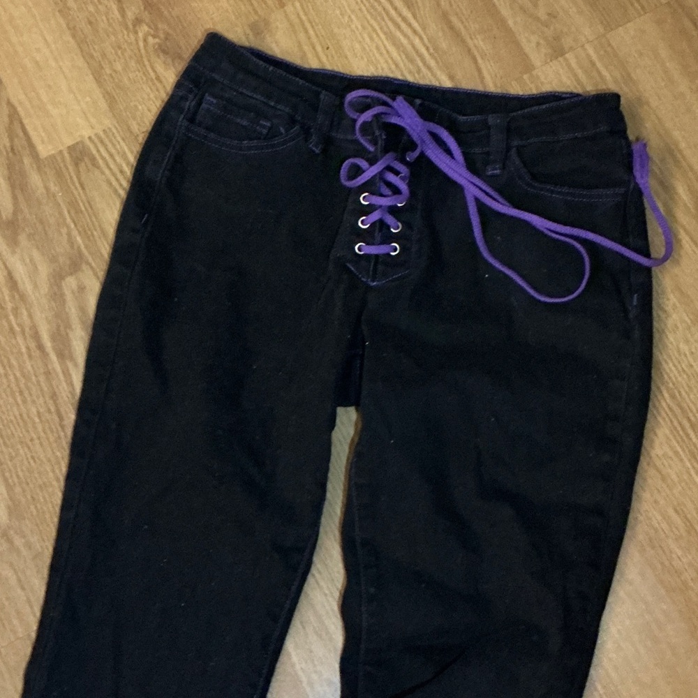 Y2k Black Flair Jeans with Purple Lace-Up and Bat details